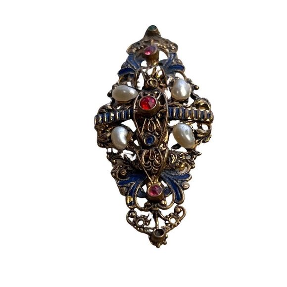 Antique Edwardian Czech Glass Filigree Pearl Ruby Sapphire Stone Brooch - Picture 8 of 9